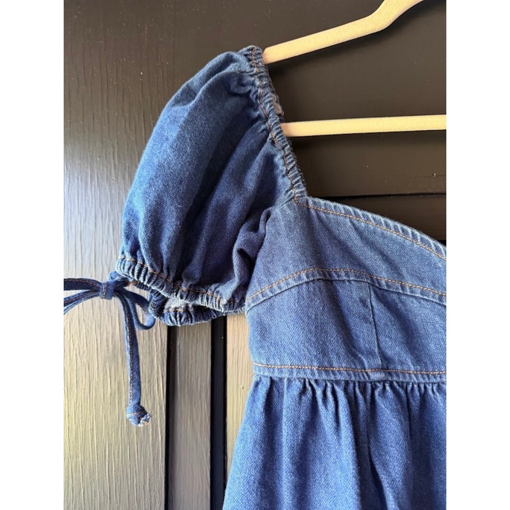 Olivaceous Blue Denim Puff Sleeve Babydoll Mini Dress Frayed Hem Sweetheart Neck - Picture 4 of 10
